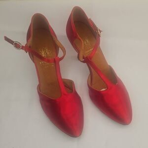 Supadance Red Satin T-Strap w/Flared Heel  and Oval Crystal Hook Buckle, EUC, 5